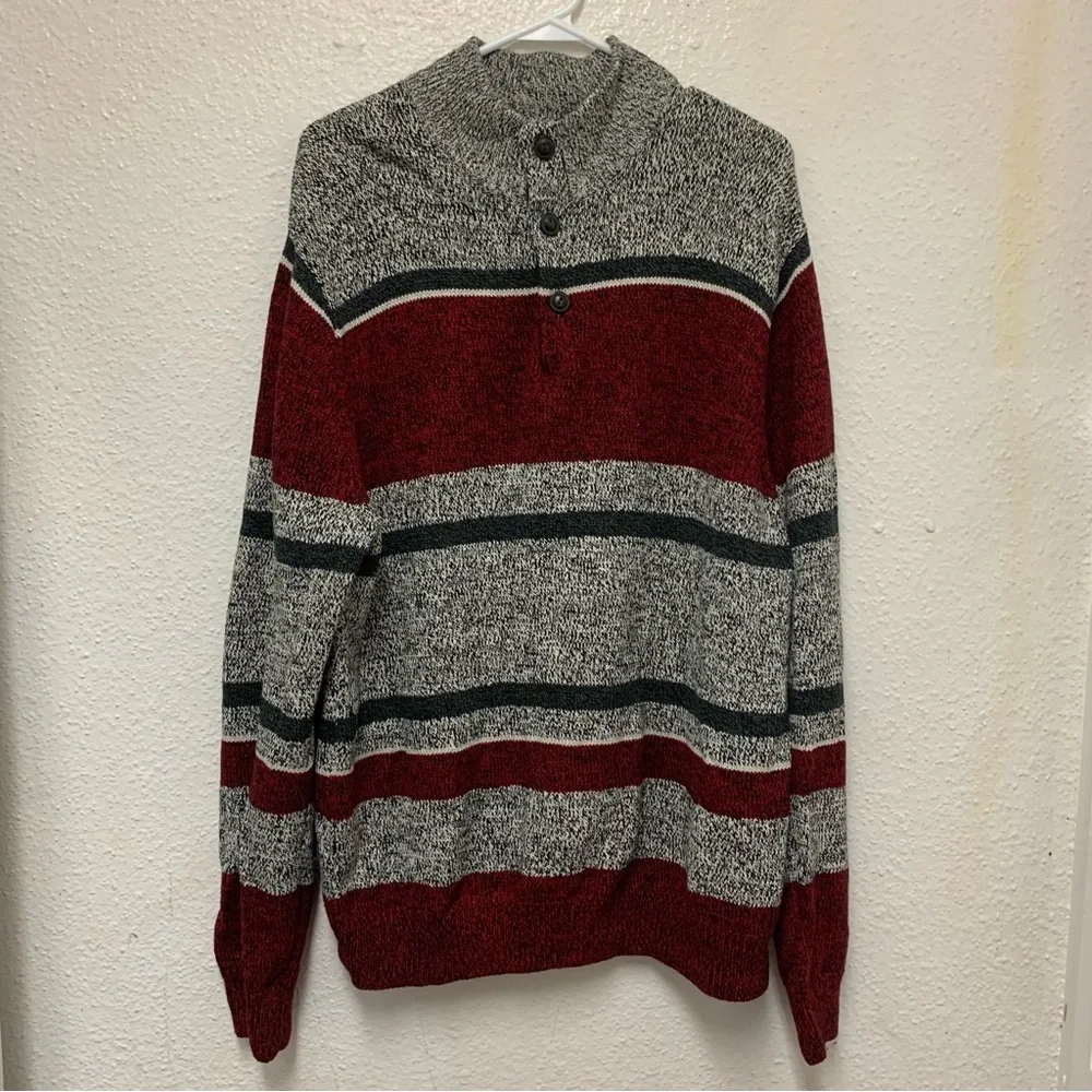 Chaps Ralph Lauren Sweater Mens XL Gray Red Striped Knit Henley Button Collar - Picture 1 of 10
